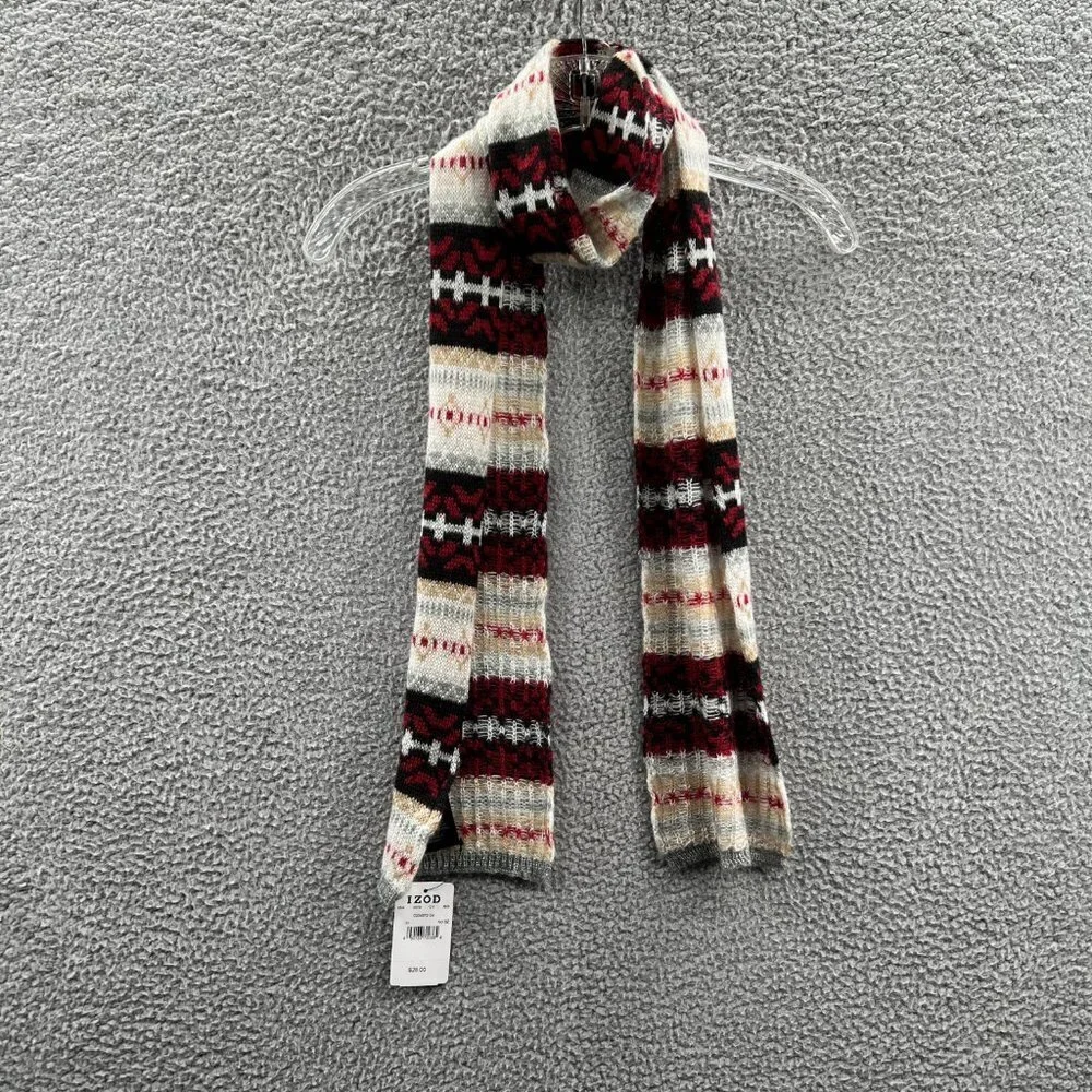 IZOD Woven Scarf‎ Red Black White with Silver Accent Thread